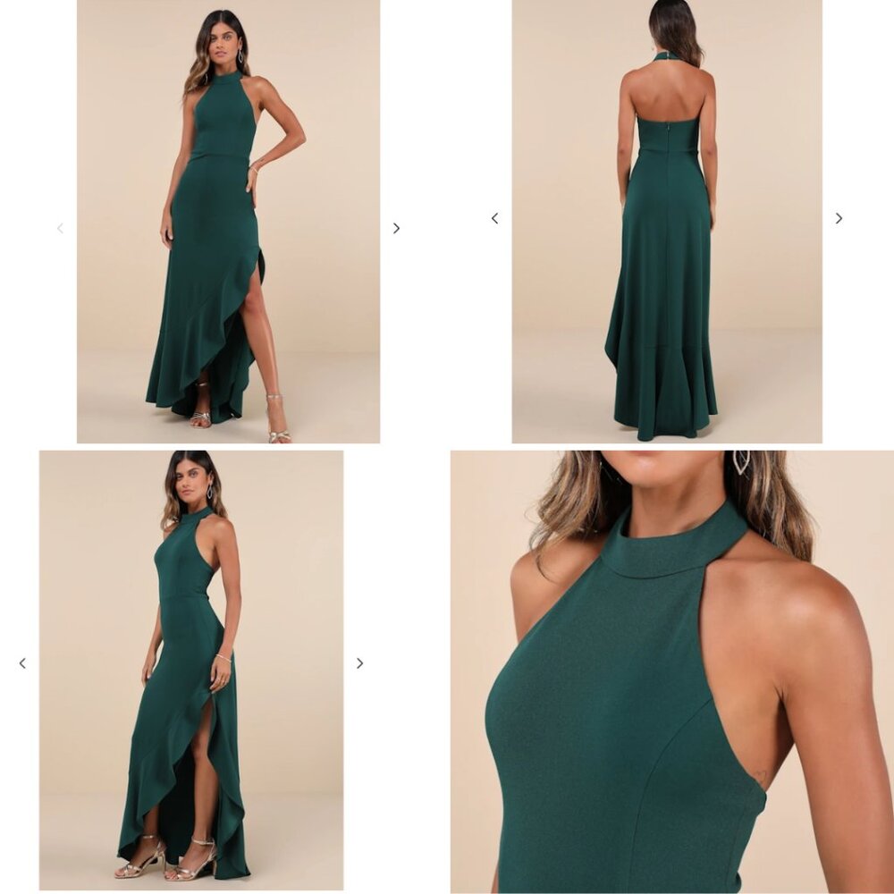 Lulus Ruffled Halter Maxi Dress Emerald Green Small Flaw Pearl New With Tags $99 - Picture 5 of 16